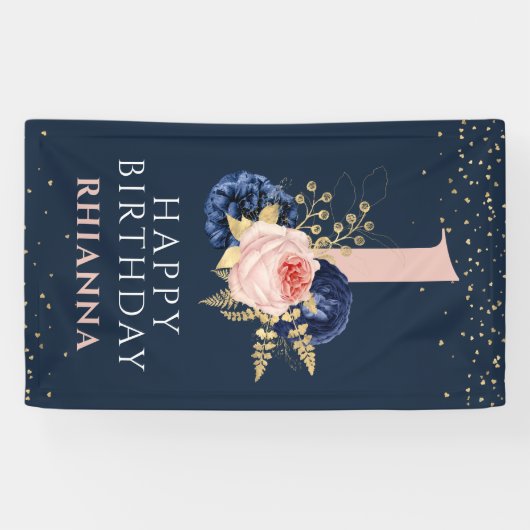 魅力的な海軍とピンクのフローラ1st誕生日パーティー 横断幕 (横)