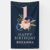 魅力的な海軍とピンクのフローラ1st誕生日パーティー 横断幕 (縦)