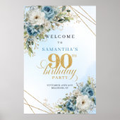魅力的な田舎風のくすんだブルーとゴールドの90歳の誕生日ウェルカム ポスター (正面)