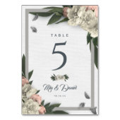 魅力的な白およびモモの花柄のシャクヤク テーブルナンバー (裏面)