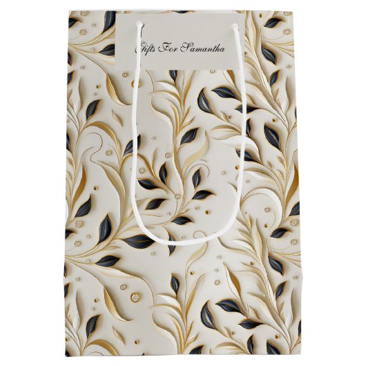 魅力的な白金ゴールドと黒のシームレスなパターン ミディアムペーパーバッグ (裏面)