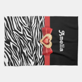 魅力的な白黒ゼブラプリント、赤い弓&ジュエル キッチンタオル (横)