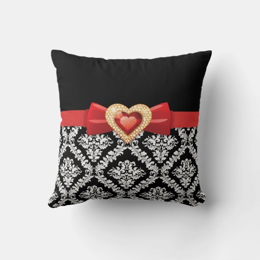 魅力的な白黒ダマスク&赤い弓と宝石 クッション (裏面)