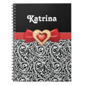 魅力的な白黒ダマスク&赤い弓と宝石 ノートブック (正面)