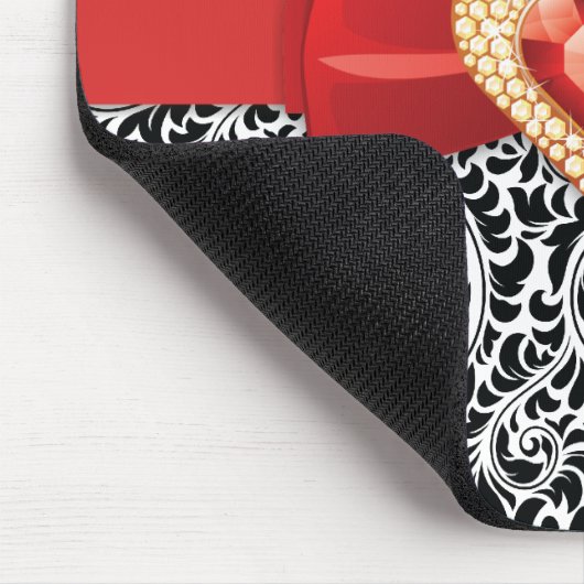 魅力的な白黒ダマスク&赤い弓と宝石 マウスパッド (コーナー)