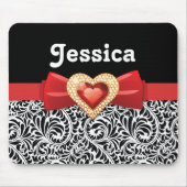 魅力的な白黒ダマスク&赤い弓と宝石 マウスパッド (正面)