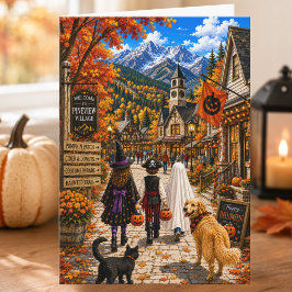 魅力的な秋の山の村 ハッピー ハロウィン カード