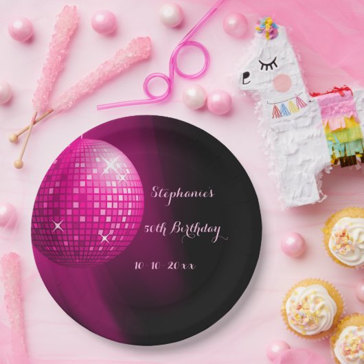 魅力的な第50誕生日のショッキングピンクのパーティーのディスコの球 ペーパープレート (パーティー)