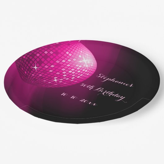 魅力的な第50誕生日のショッキングピンクのパーティーのディスコの球 ペーパープレート (アングル)