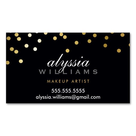 魅力的な紙吹雪スポットフェイク可愛い金ゴールドフォイル黒 マグネット名刺 (正面)