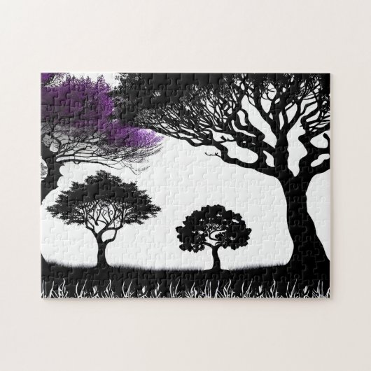 魅力的な紫のシルエットの森 ジグソーパズル (横)