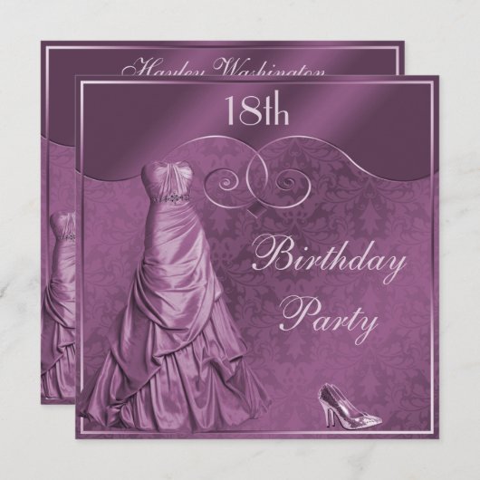 魅力的な紫色の夜会服の第18誕生会 招待状 (正面/裏面)
