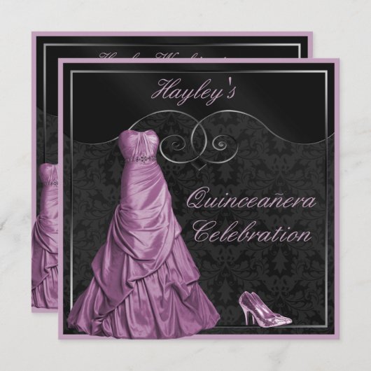 魅力的な紫色の夜会服の黒キンセアニェラ 招待状 (正面/裏面)