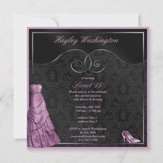 魅力的な紫色の夜会服の黒キンセアニェラ 招待状 (裏面)