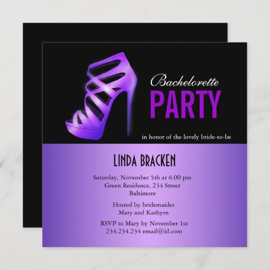 魅力的な紫色は黒いバチェロレッテカードをポンプでくみます 招待状 (正面/裏面)