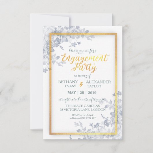 魅力的な花の金ゴールドフレームの書道の婚約カード 招待状 (正面)