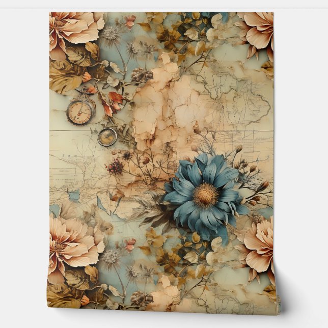 魅力的な芸術的ヴィンテージフローラと3Dコンパス 壁紙 (ほどく)