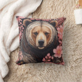 魅力的な茶色のクマの視線ピンクの花 クッション (ブランケット)