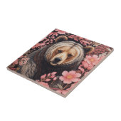 魅力的な茶色のクマの視線ピンクの花 タイル (側面)