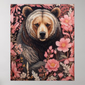 魅力的な茶色のクマの視線ピンクの花 ポスター (正面)