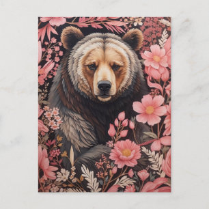 魅力的な茶色のクマの視線ピンクの花 ポストカード