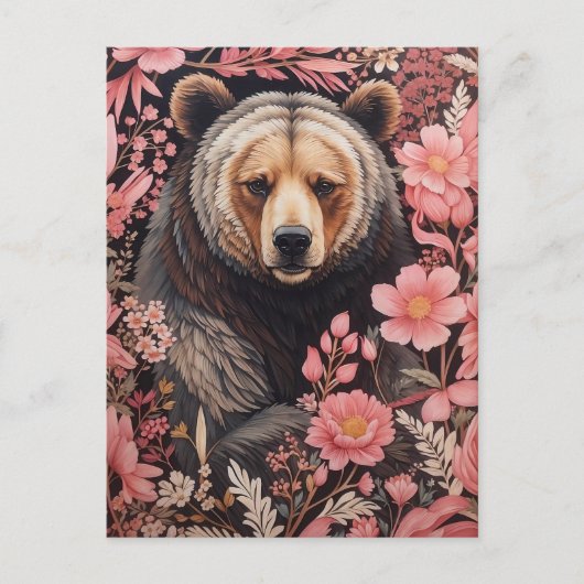 魅力的な茶色のクマの視線ピンクの花 ポストカード (正面)
