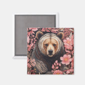 魅力的な茶色のクマの視線ピンクの花 マグネット (正面/裏面)