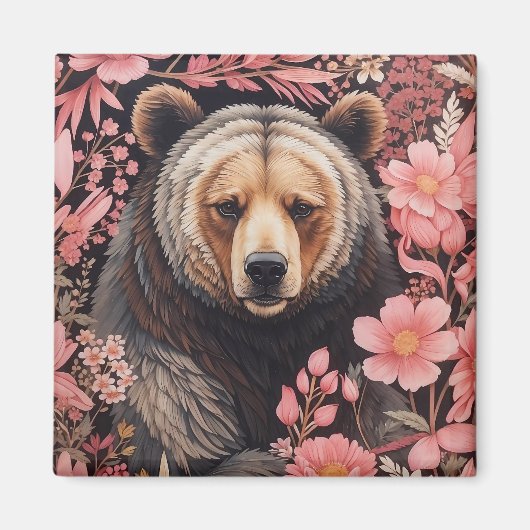 魅力的な茶色のクマの視線ピンクの花 マグネット (正面)