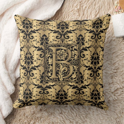 魅力的な金ゴールドおよび黒いダマスク織のプリントのモノグラムB クッション (ブランケット)