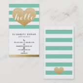魅力的な金ゴールドのグリッターのこんにちはハートのミントのストライプなカスタム 名刺 (正面/裏面)