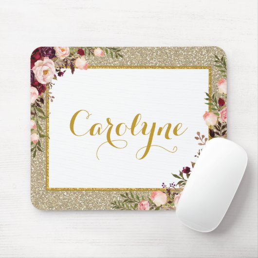 魅力的な金ゴールドのグリッターの水彩画のバーガンディのピンクのバラ マウスパッド (マウス)