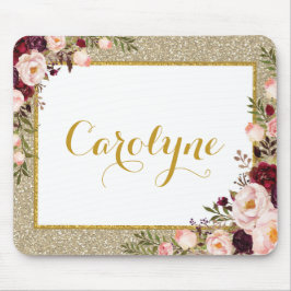魅力的な金ゴールドのグリッターの水彩画のバーガンディのピンクのバラ マウスパッド