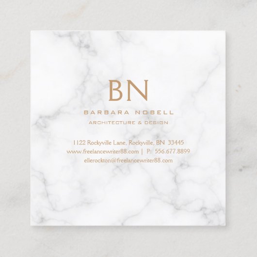 魅力的な金ゴールドのグリッターの白い大理石のモノグラム スクエア名刺 (裏面)