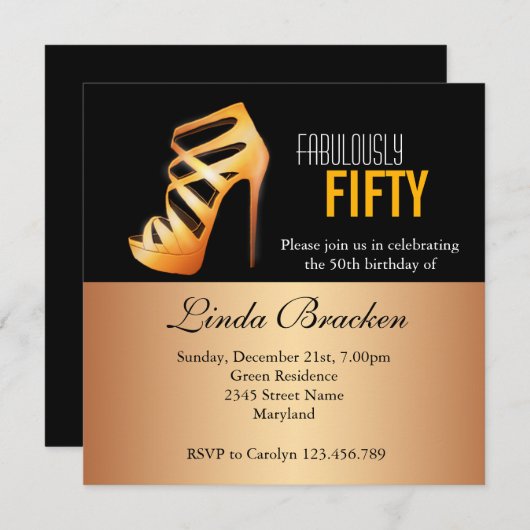 魅力的な金ゴールドのハイヒールの靴の第50誕生日の招待 招待状 (正面/裏面)