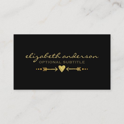 魅力的な金ゴールドのフェイクなグリッター-ハート及び矢のモチーフ 名刺 (正面)
