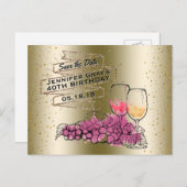 魅力的な金ゴールドのワインの保存日付のエレガントな誕生日 案内ポストカード (正面/裏面)