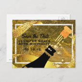 魅力的な金ゴールドの黒の保存日付のシャンペンの誕生日 案内ポストカード (正面/裏面)