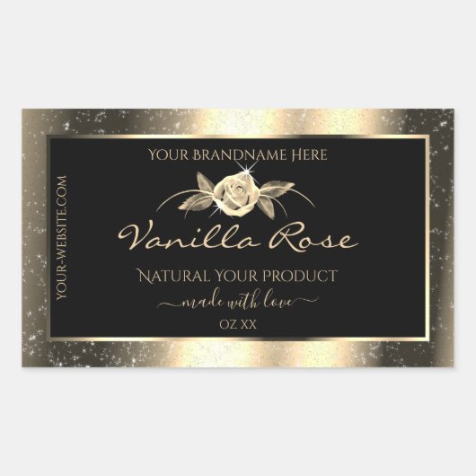 魅力的な金ゴールドグリッターフローラブラック製品ラベル 長方形シール (正面)