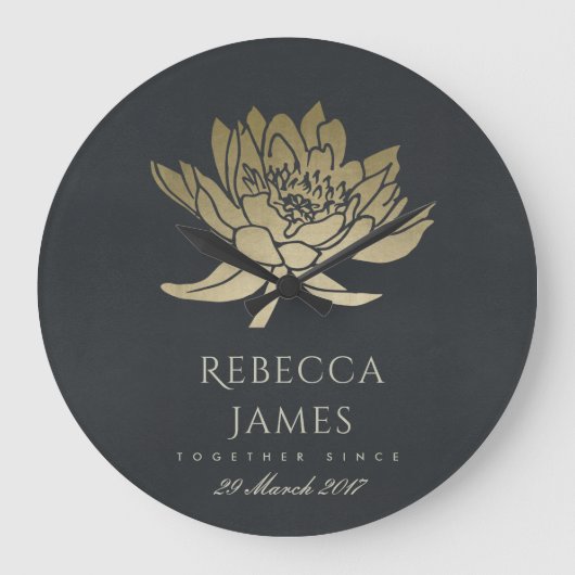 魅力的な金ゴールドブルーブラックロータス日付のギフトを保存 ラージ壁時計 (正面)