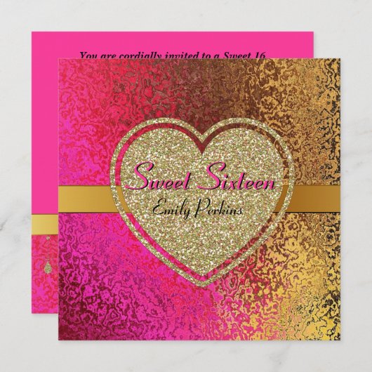 魅力的な金ゴールド及びピンクのカスタムなSweet sixteenの招待状 招待状 (正面/裏面)