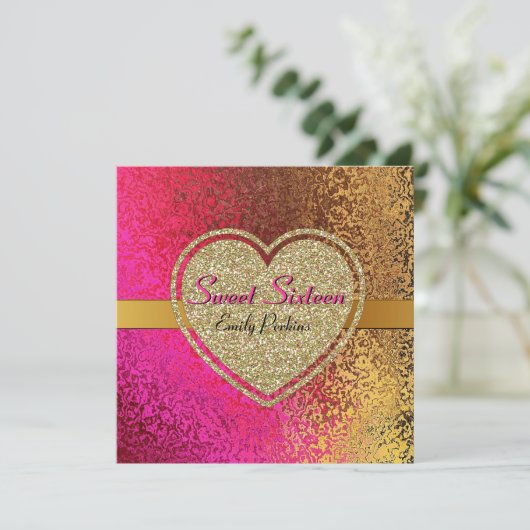 魅力的な金ゴールド及びピンクのカスタムなSweet sixteenの招待状 招待状 (スタンド正面)