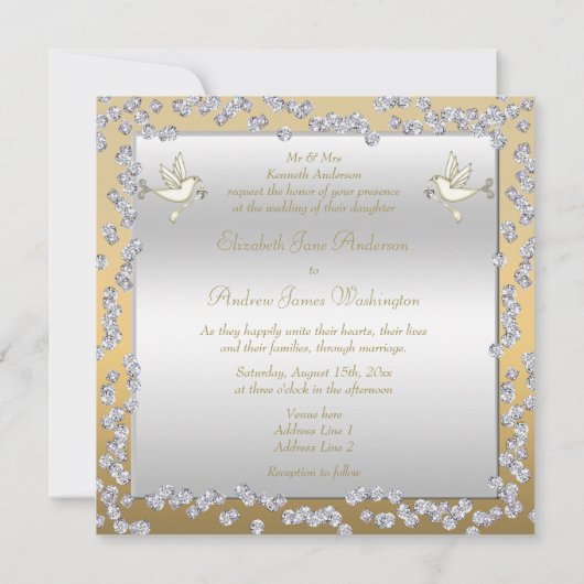 魅力的な金ゴールド及び銀製のダイヤモンド及び鳩の結婚 招待状 (裏面)