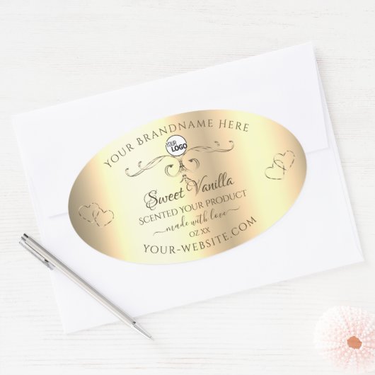 魅力的な金ゴールド製品ラベルの華美ハートロゴ 楕円形シール (封筒)