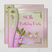 魅力的な鍵、マグノリア及び蝶第80誕生日 招待状 (正面/裏面)
