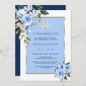 魅力的な青い花のゴールドクロス少年確認 招待状 (正面/裏面)