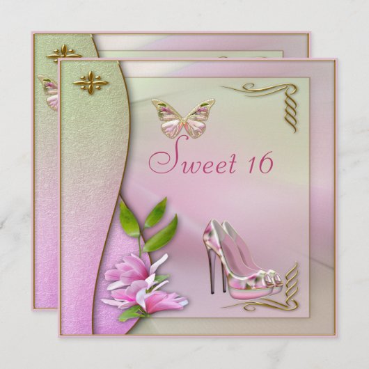 魅力的な靴マグノリア及び蝶菓子16 招待状 (正面/裏面)