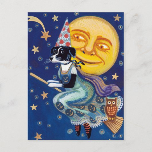 魅力的な魔法使いはハロウィンの空に乗ります ポストカード (正面)