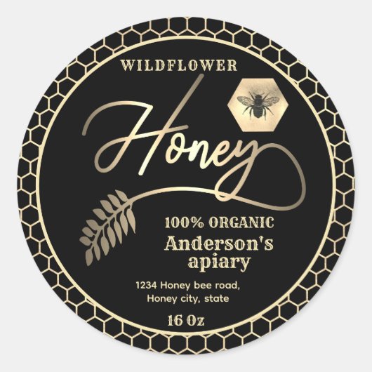 魅力的な黒モダン金ゴールドビーのスクリプト蜂蜜 ラウンドシール (正面)