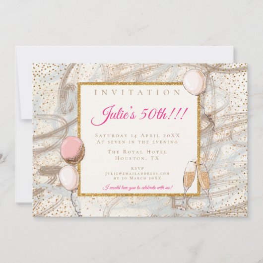 魅力的な50番目のパーティー金ゴールド紙吹雪フルーテバルーン 招待状 (正面)