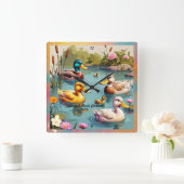 「魅力的アヒルが池に」 スクエア壁時計 (ホーム)